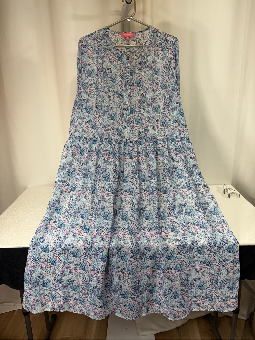 Simply Southern Blue Floral Tiered Maxi Dress with Pink Accents 3947